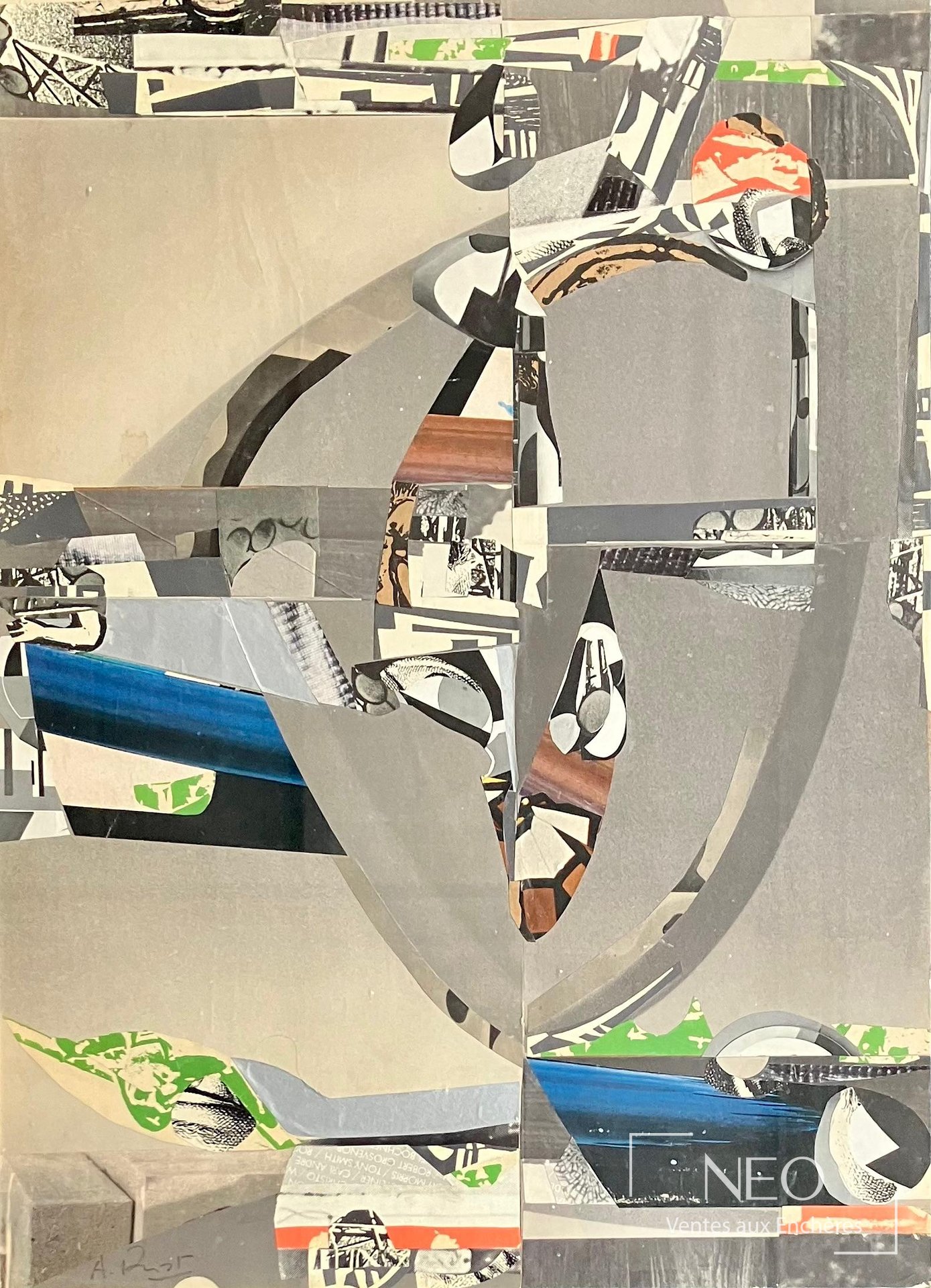 Composition abstraite en collage et technique mixte, dominée par des aplats gris, noirs, blancs, verts et bleus