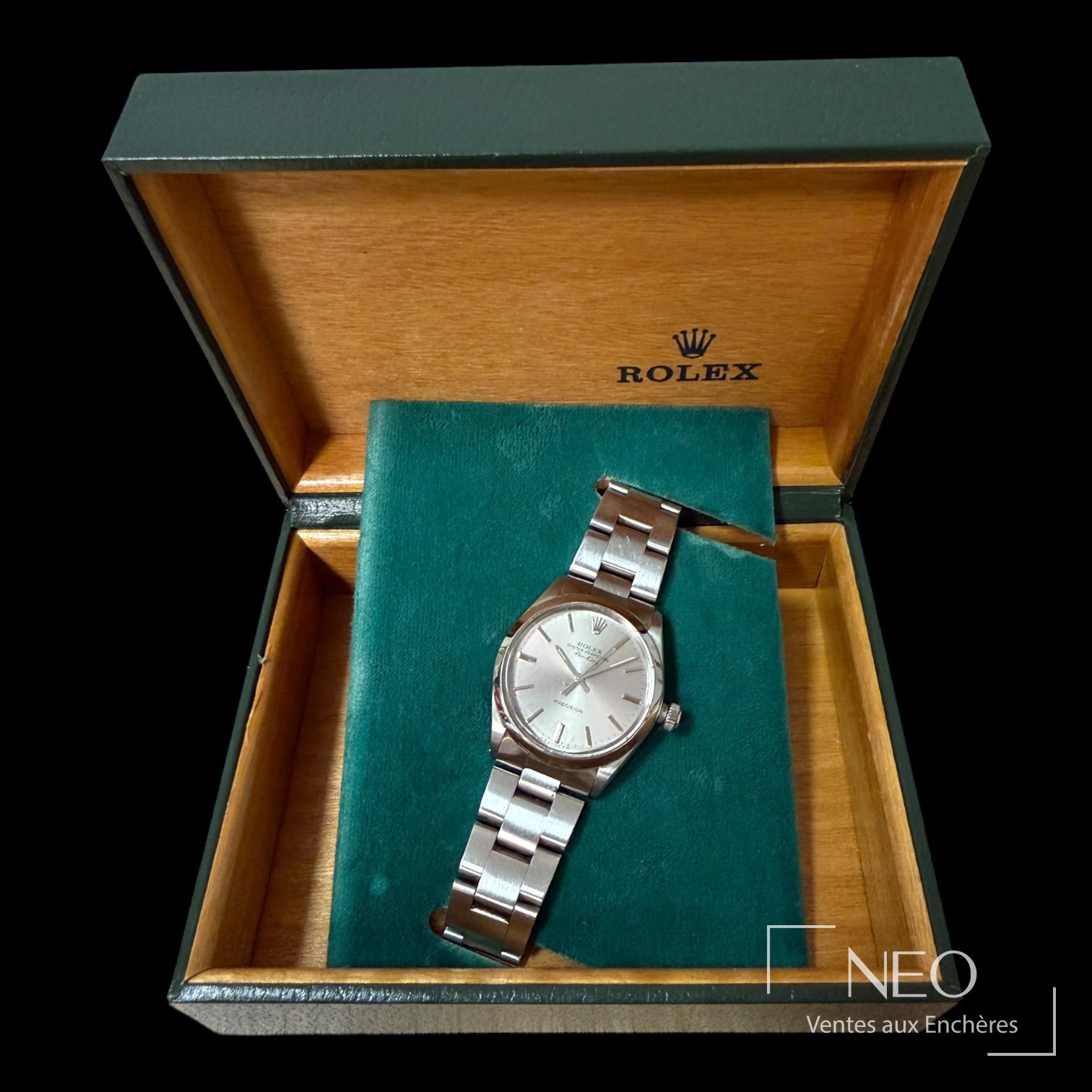 Montre Rolex Air King dans sa boîte d'origine, cadran argenté et bracelet acier