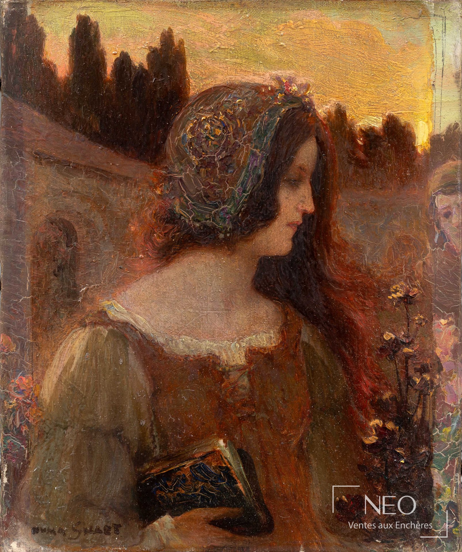 Portrait de femme rousse peint à l'huile, aux tons chauds, dans une composition resserrée