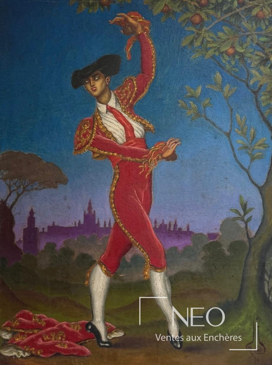 Danseur en costume rouge sur fond bleu, huile de Nicolas Kalmakoff