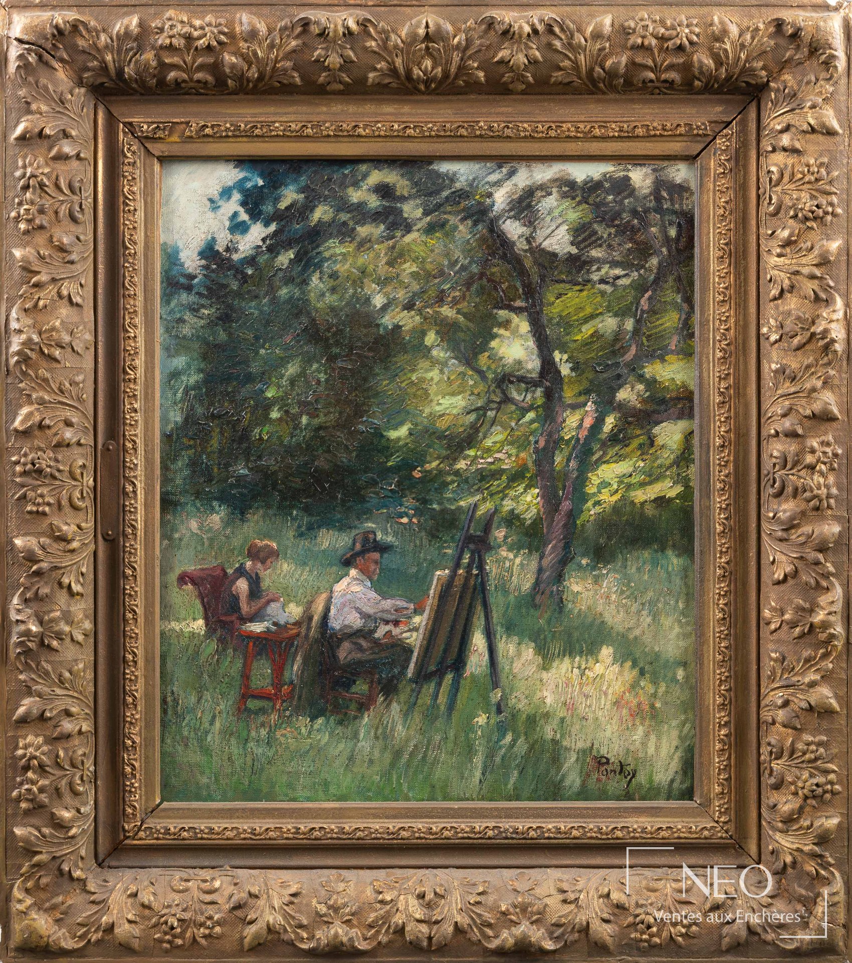Huile sur toile présentée dans un cadre doré à décor floral