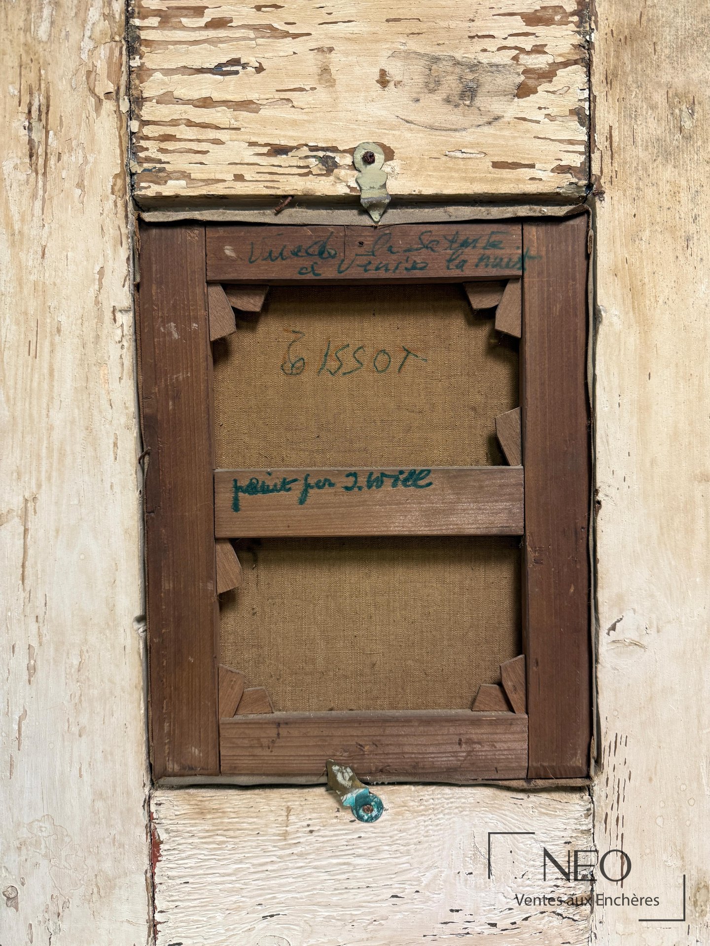 Dos du tableau avec châssis, renforts et annotations manuscrites visibles