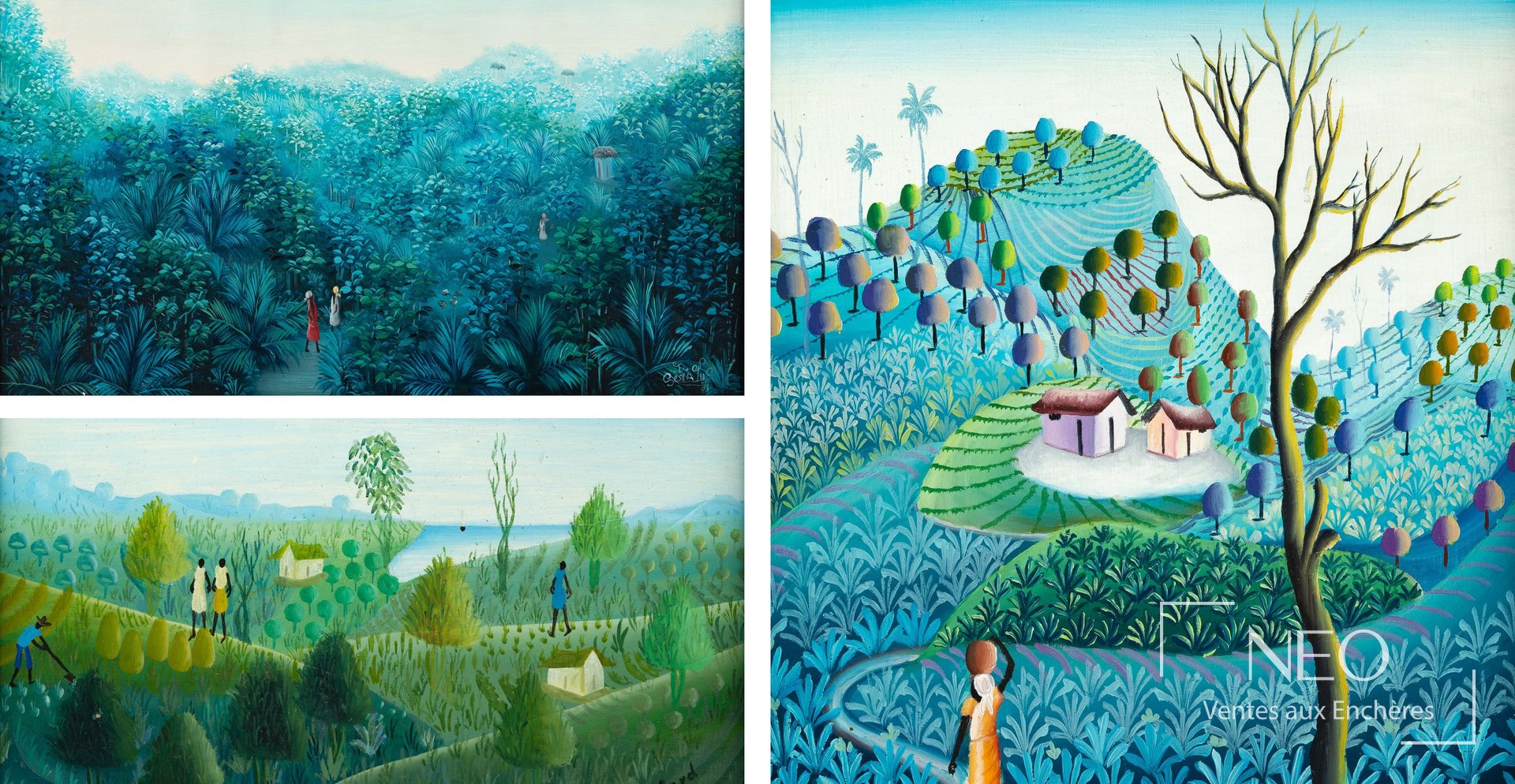 Lot de trois tableaux haïtiens naïfs réunis, avec paysages colorés et signatures visibles