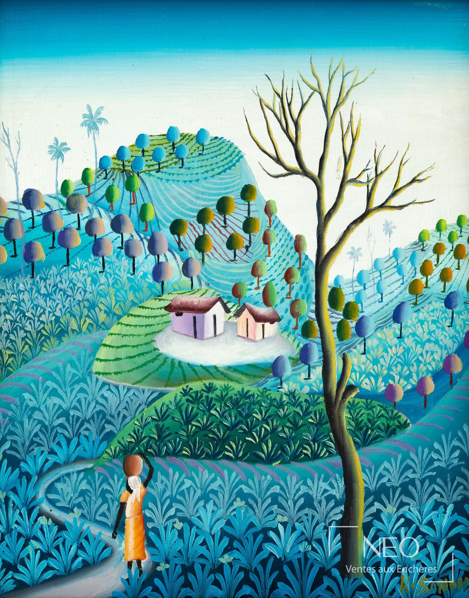 Tableau de Jean Louis Senatus montrant une forêt tropicale stylisée et un personnage au premier plan