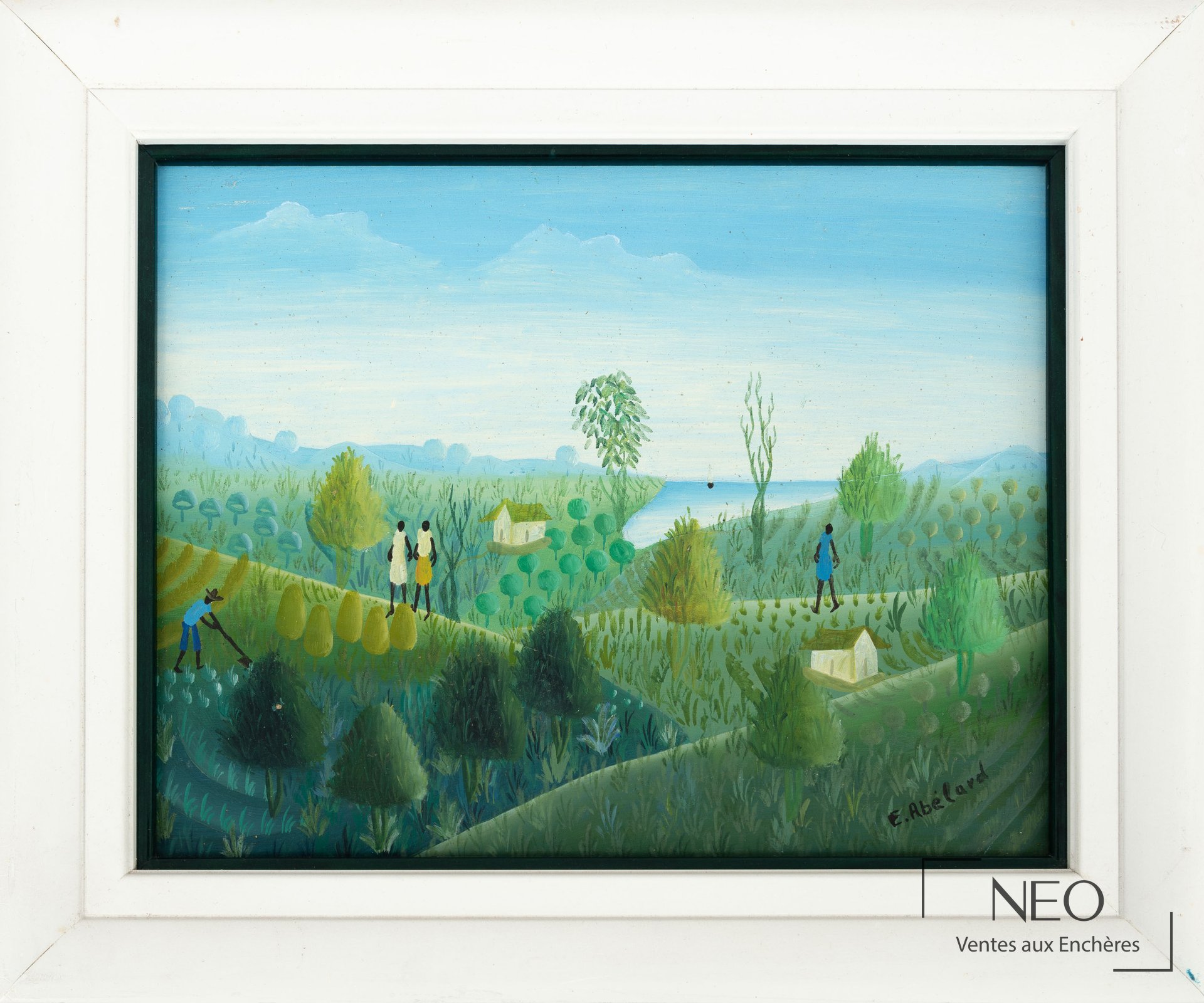 Tableau d'Evald Abelard avec paysage, personnages et lac sous un ciel clair