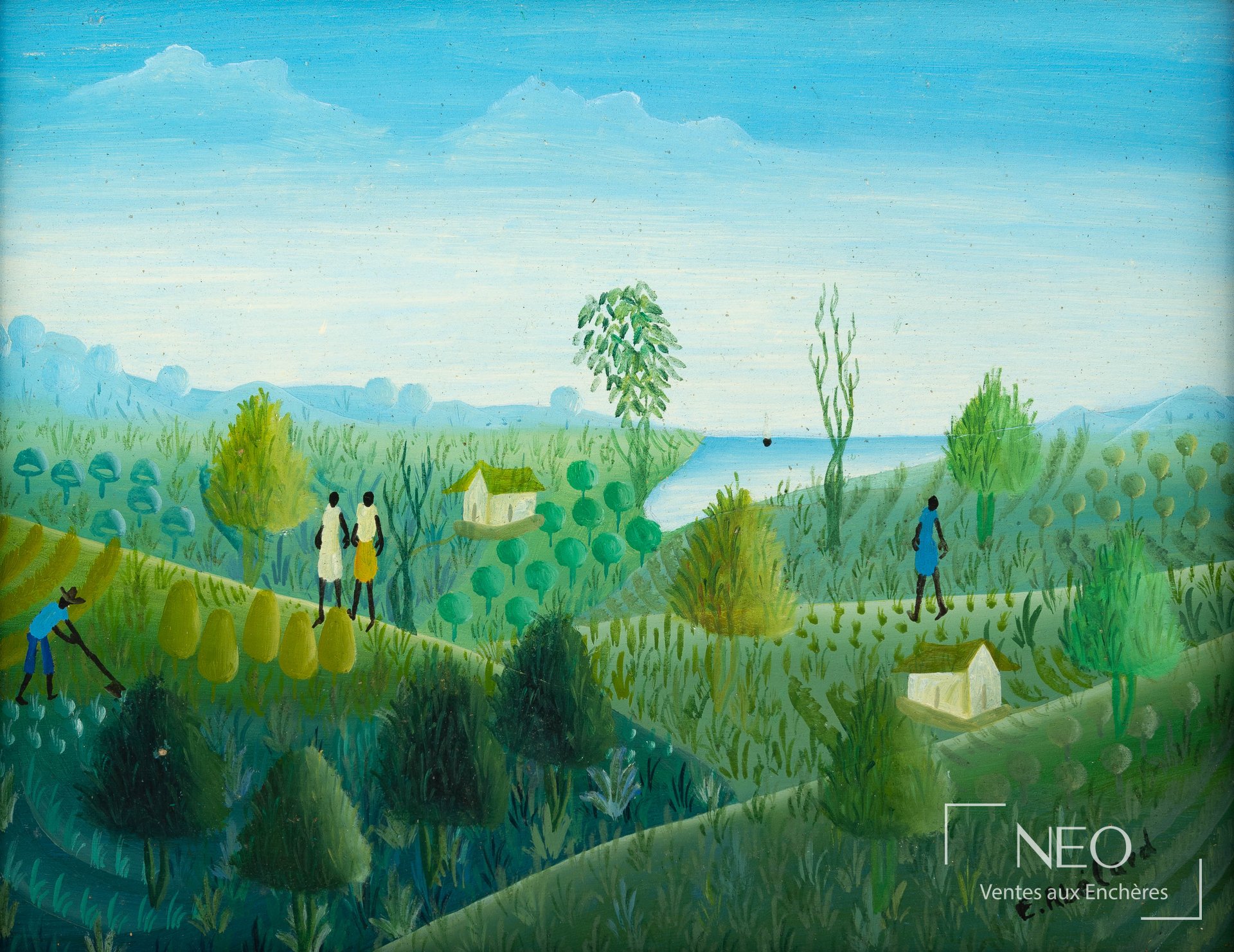 Tableau de K. Sanon représentant un paysage dense aux tonalités bleu-vert