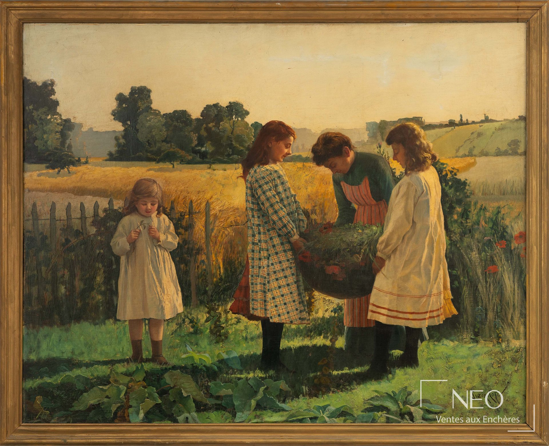 Peinture encadrée de Marc-Aurèle de Foy Suzor-Coté avec scène de récolte au premier plan
