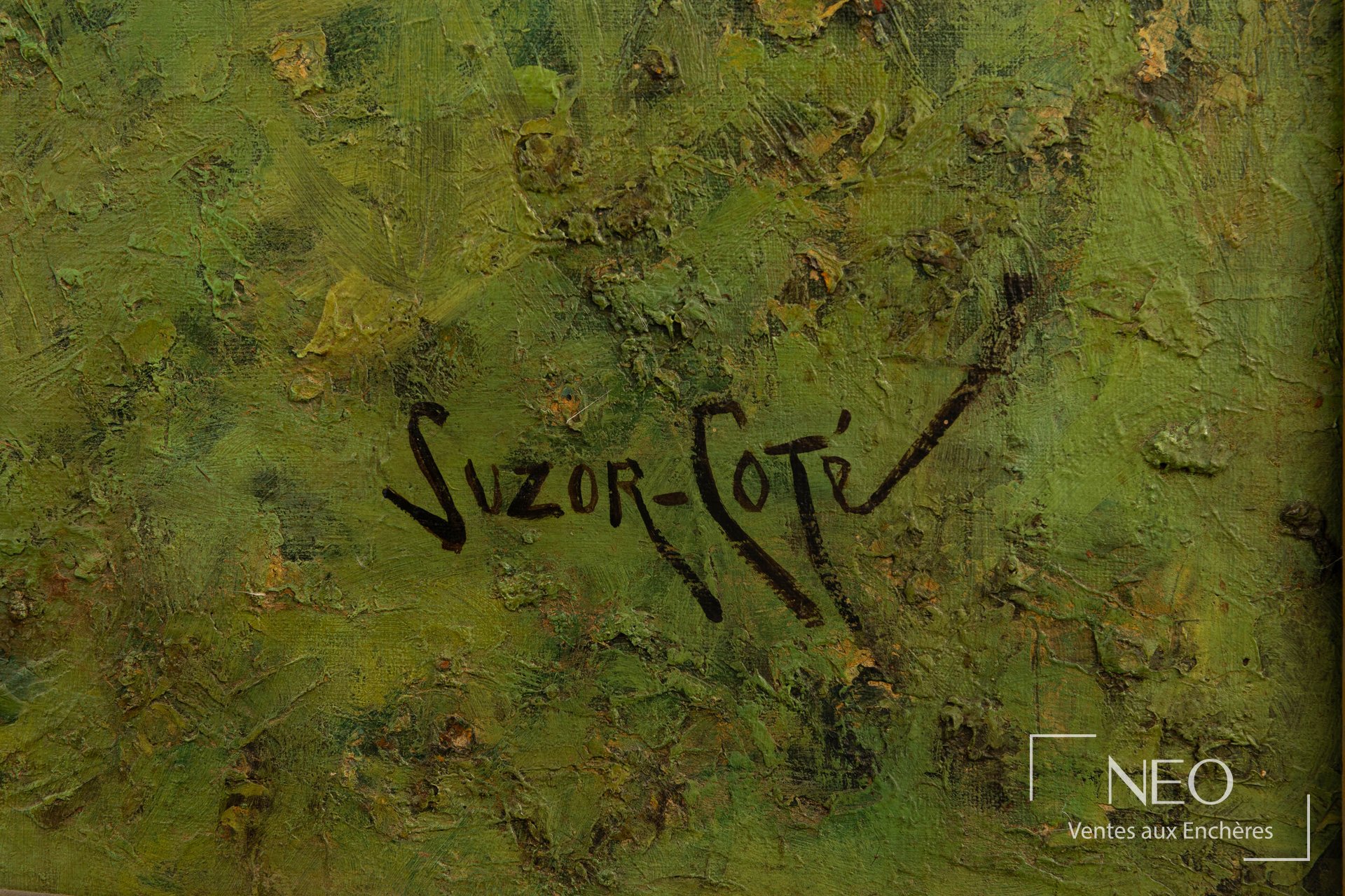 Signature Marc-Aurèle de Foy Suzor-Coté peinte sur fond vert