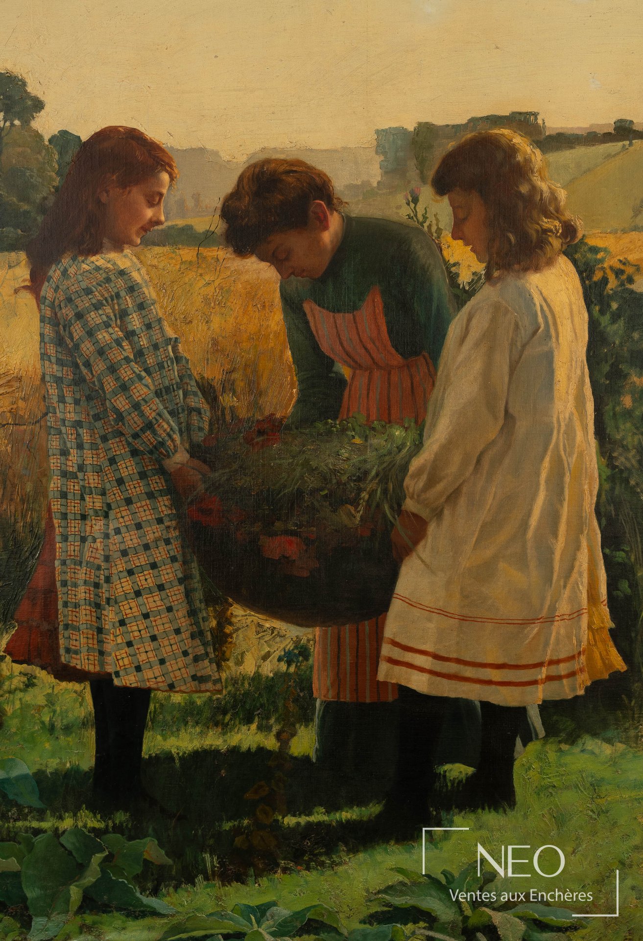 Trois jeunes filles entourant une corbeille de fleurs dans un paysage doré