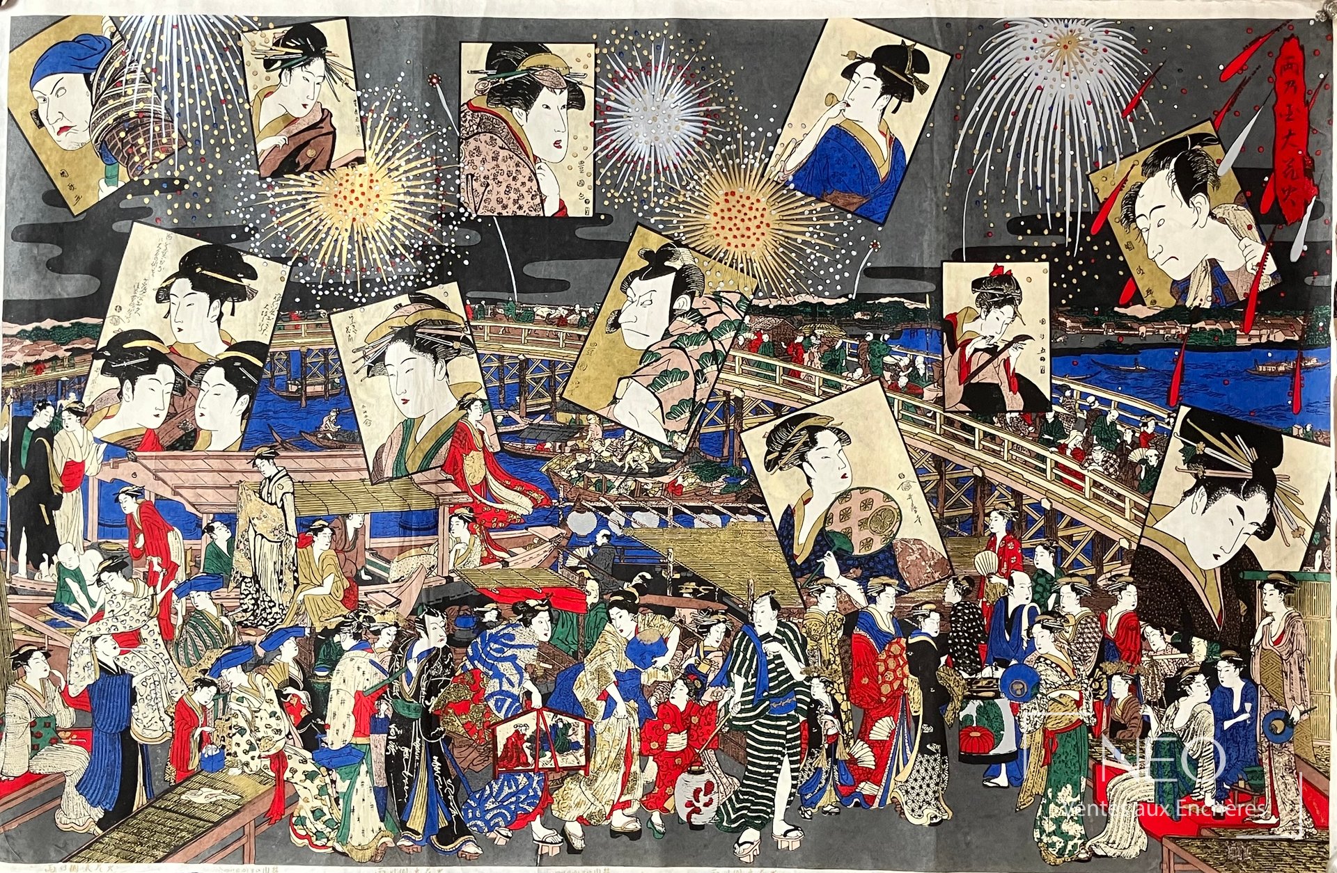 Trois estampes japonaises aux scènes de foule, de feux d'artifice et de pont
