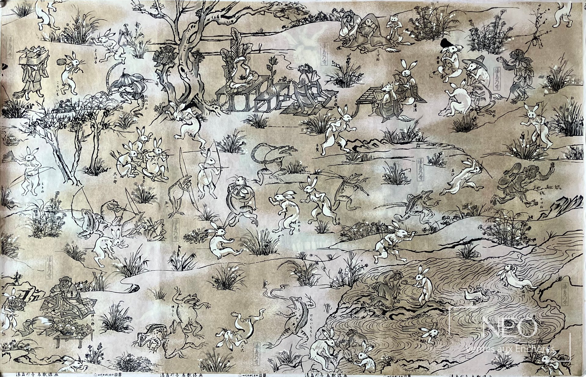Estampe japonaise en noir et blanc représentant de nombreux lapins dans un paysage