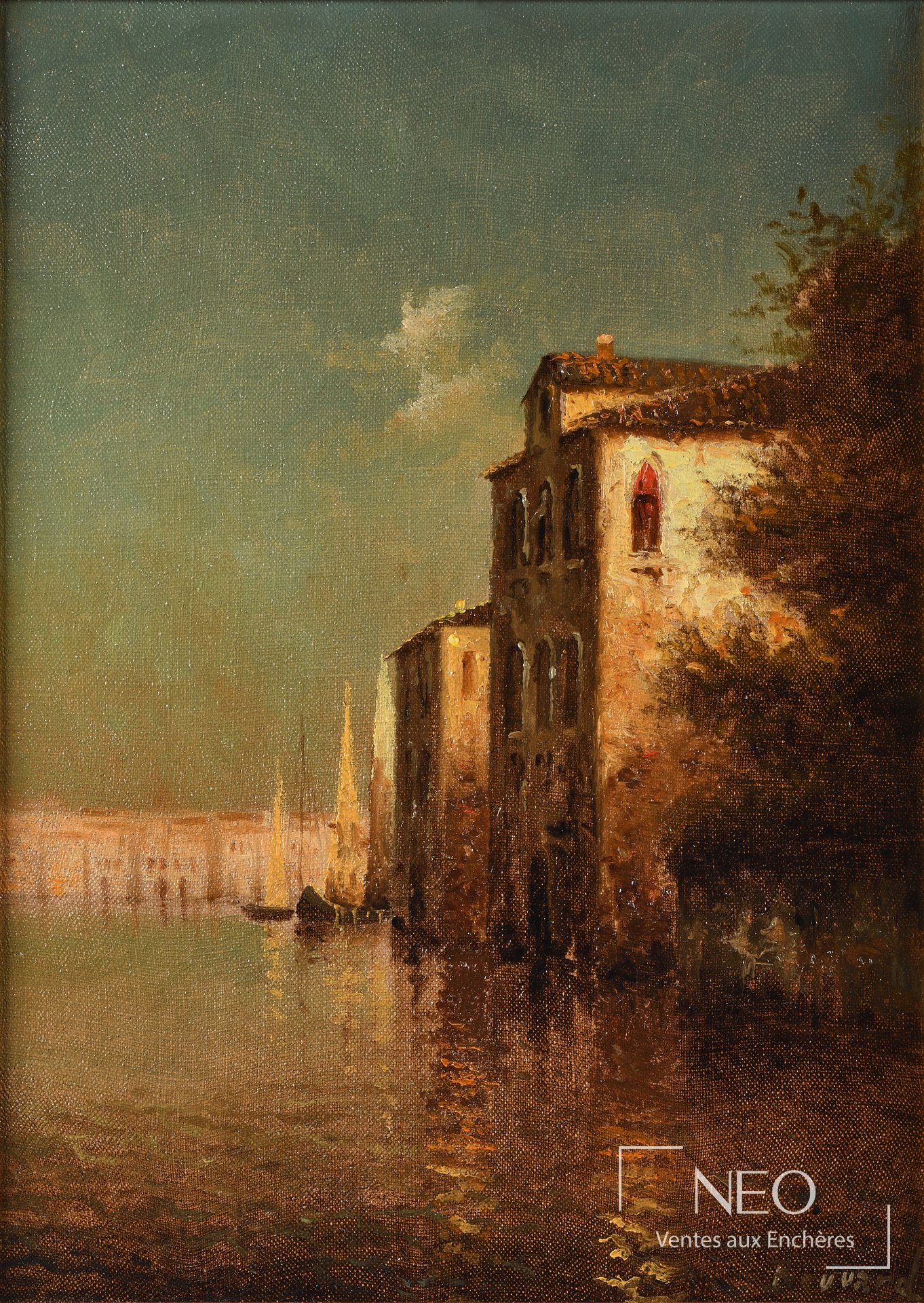 Vue de Venise peinte à l'huile sur toile, avec façade au bord de l'eau et ciel clair
