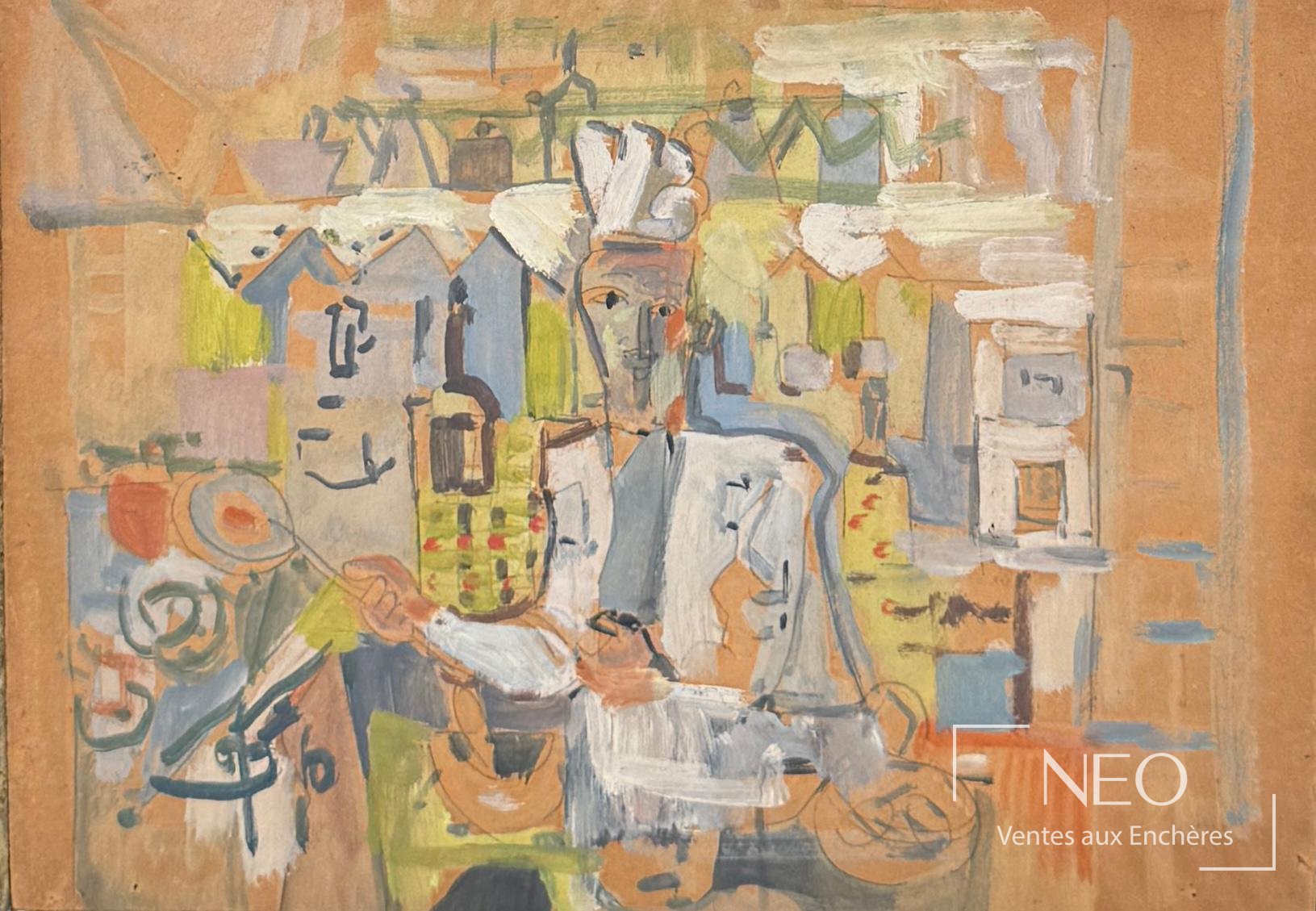 Composition abstraite aux tons orangés, verts et gris sur carton