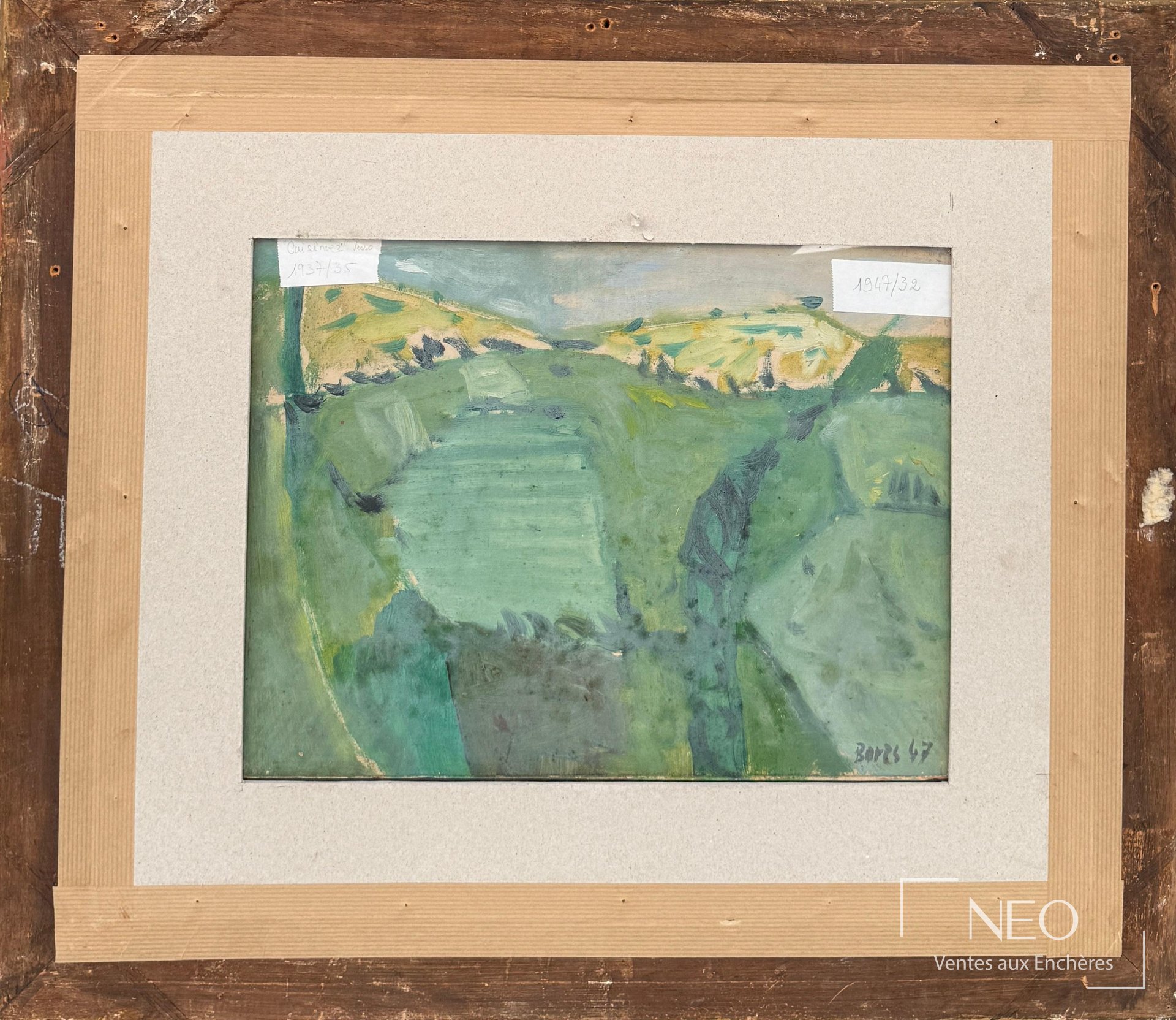 Verso d'un carton peint avec un paysage vert et une signature datée 47