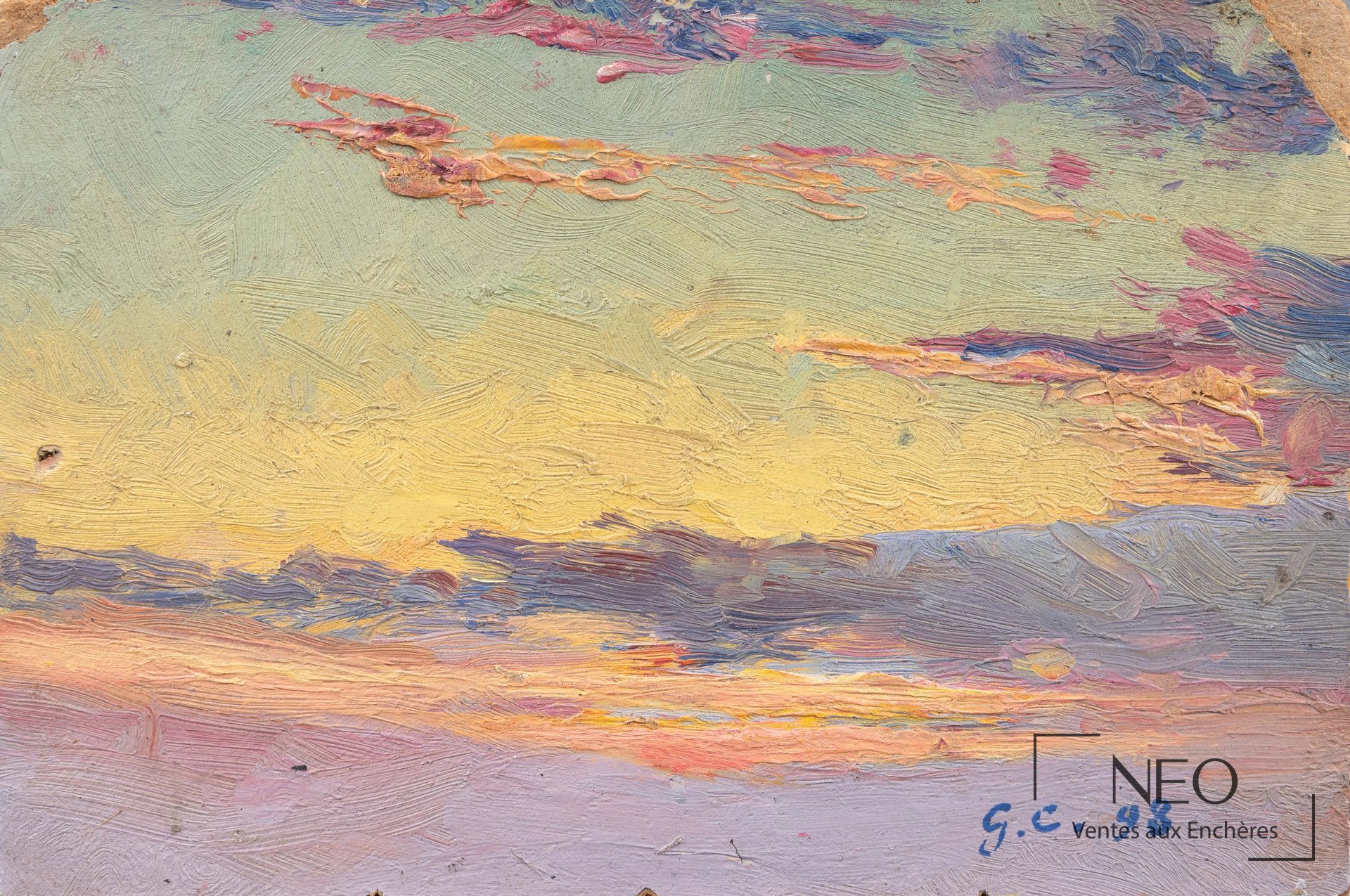 Détail du ciel au coucher du soleil, peinture à l'huile aux empâtements colorés sur carton