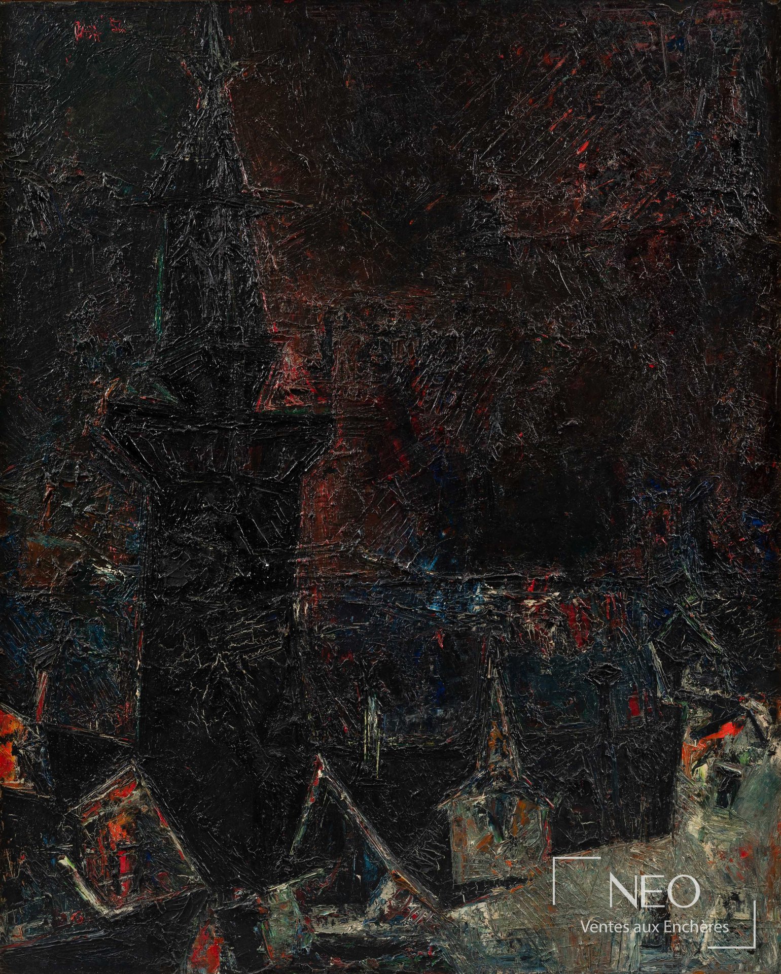 Tableau abstrait sombre de Sayed Haider Raza, avec rehauts rouges et bleus.