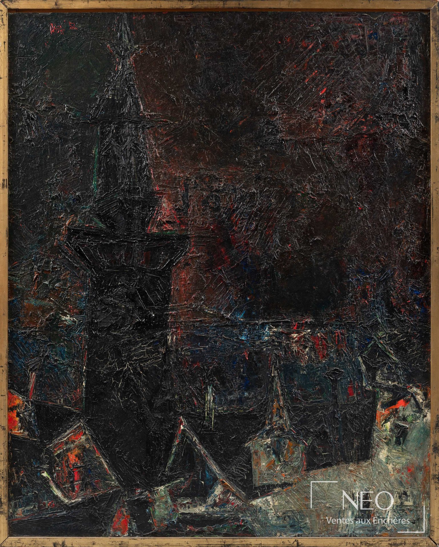 Sayed Haider Raza, tableau encadré, vu de face dans son cadre en bois.