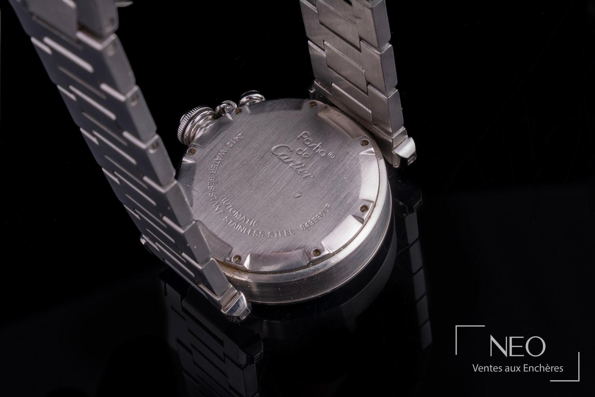 Fond vissé signé Cartier Pasha Chronographe en acier numéroté 843530UF