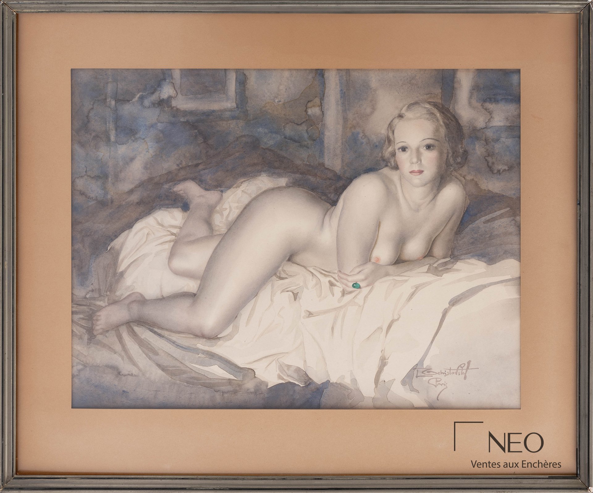 Œuvre encadrée sous verre avec nu féminin et passe-partout beige