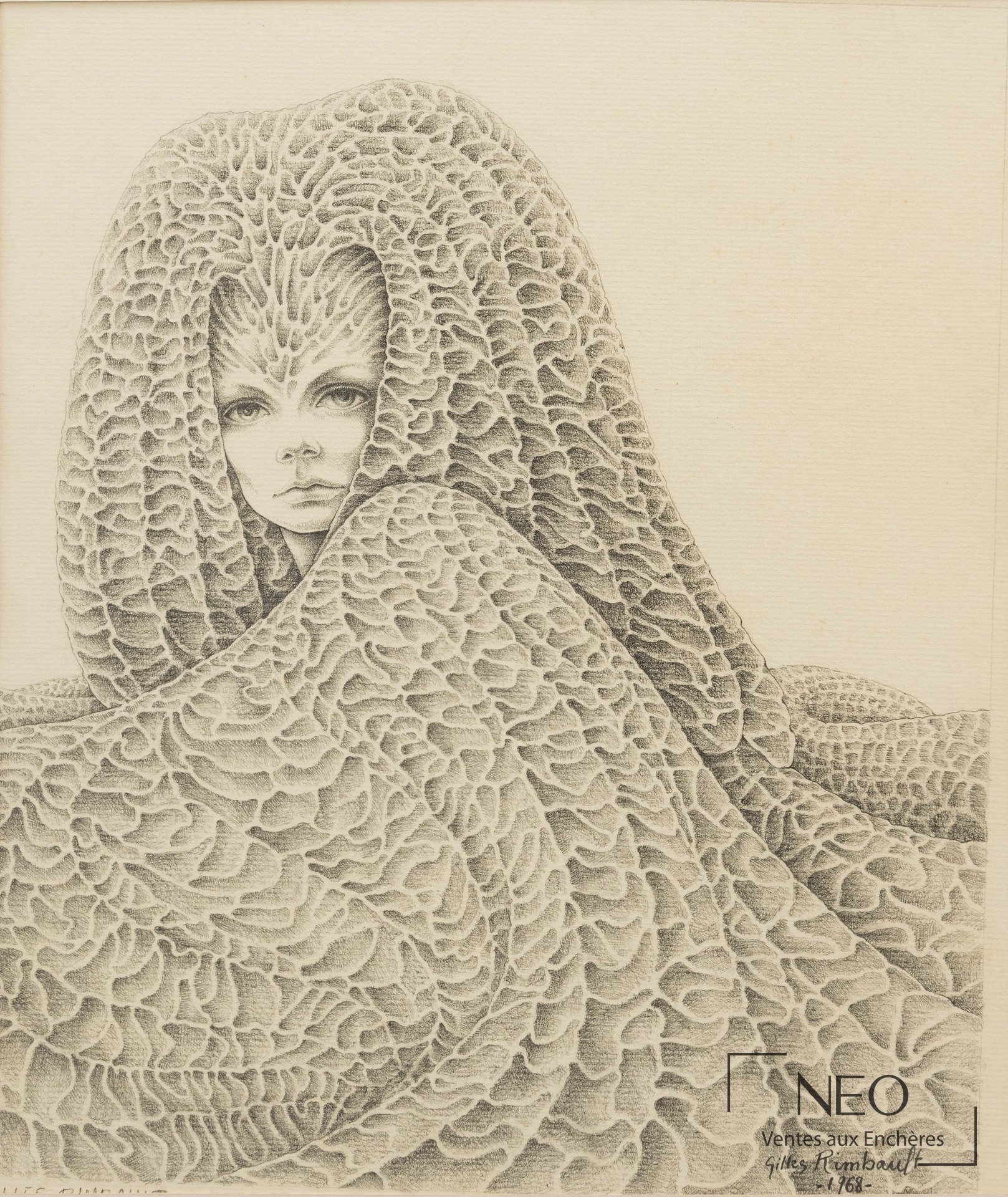 Dessin au crayon sur papier représentant une femme, signé et daté 1968