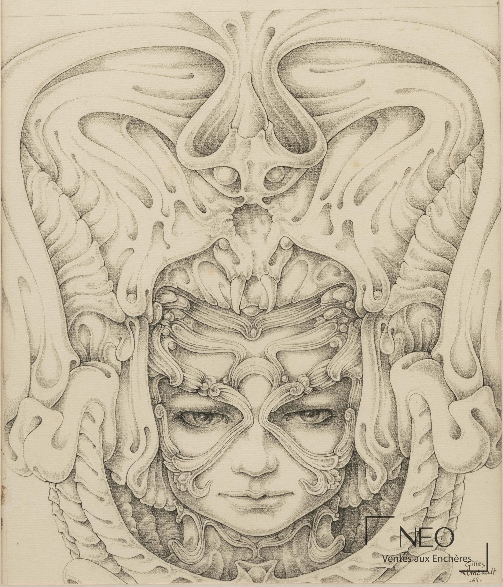 Dessin au crayon représentant un visage féminin stylisé, composition centrée et détaillée