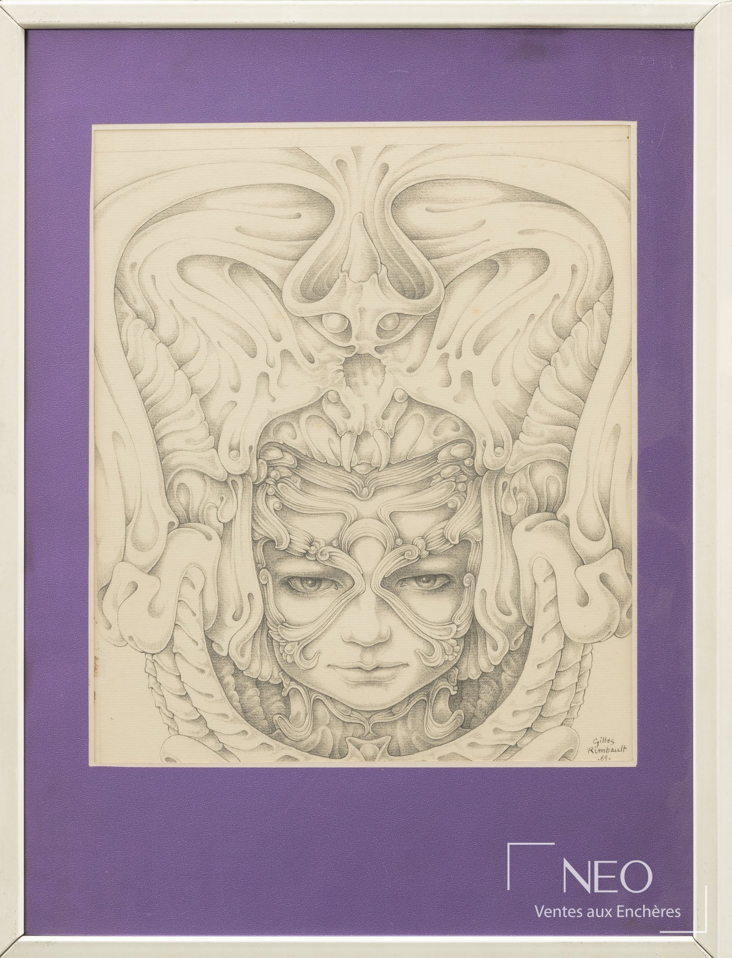 Dessin encadré sous verre sur fond violet, montrant la feuille et son encadrement