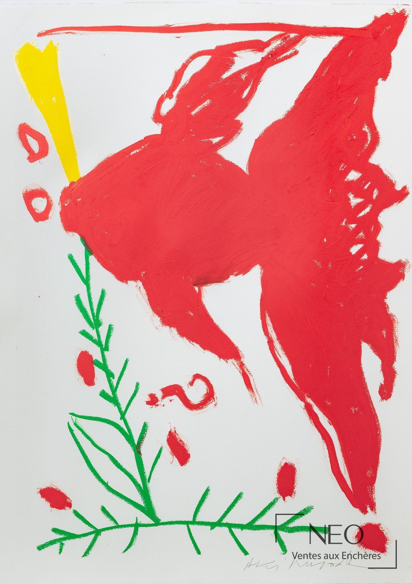 Acrylique sur papier d'Aki Kuroda, composition rouge, verte et jaune